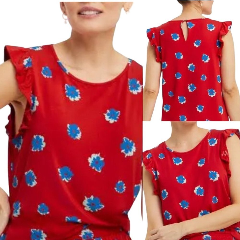 Draper James Red Blue Floral Print Cap Sleeve Pullover Blouse Women’s Size Small